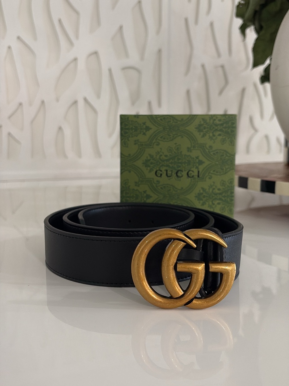 Gucci Black Leather Belt with Gold Double G Buckle